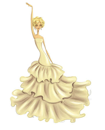 fashion illustration featuring a happy bride in posh creamy dressの写真素材