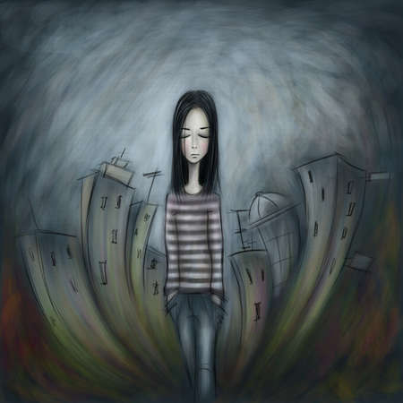 picture of a lonely girl walking along a city streetの写真素材