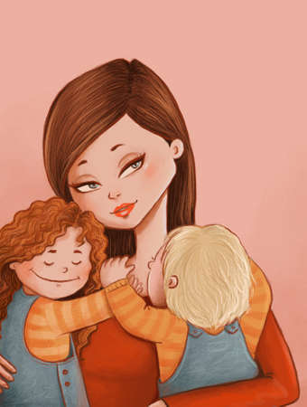digital drawing of a beautiful mother and her two happy kidsの写真素材