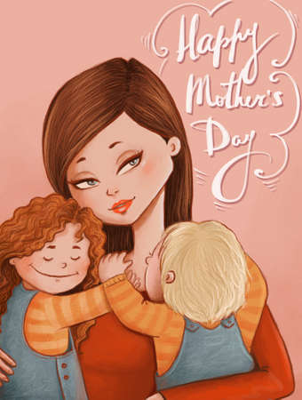 digital drawing of a beautiful mother and her two happy kidsの写真素材
