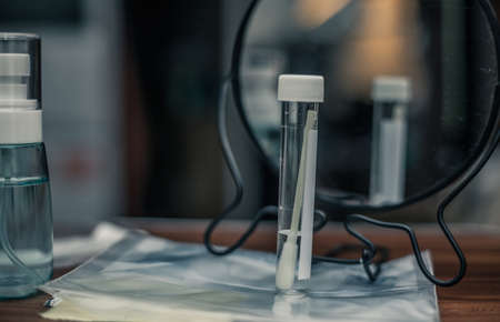 closeup photo of a Covid swab test from the home kitの写真素材