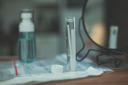 closeup photo of a Covid swab test from the home kitの写真素材