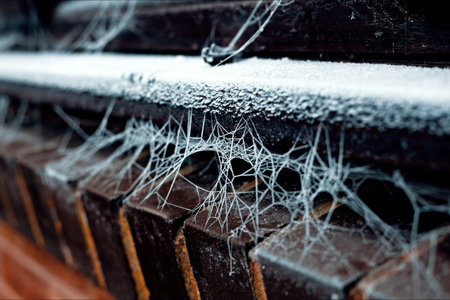 closeup photo of frozen cobweb on a frosty day