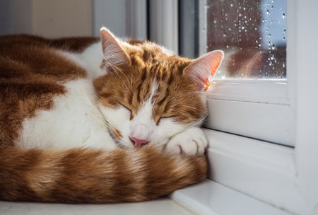 cute ginger tabby cat sleeping on the windowsill on a rainy dayの写真素材