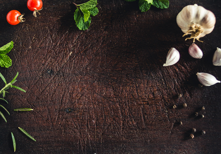 Wood Chopping board And herbs and spices cookingの写真素材