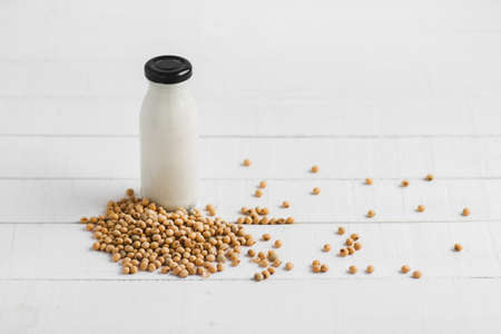 Soy milk In a glass On the white table Health drinkの写真素材