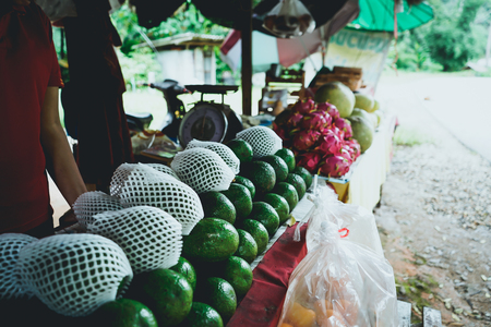 Green Avocado roadside shop In Asia on the wayの写真素材