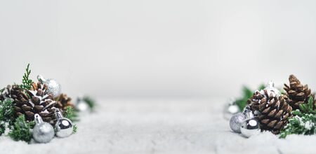 Christmas - Pine cones and branches  On the snowの写真素材