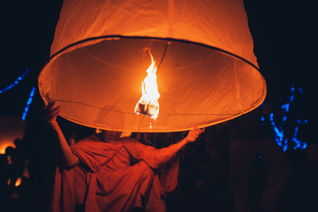Lighting candles, lanterns in the sky at night in the Lantern Festivalのeditorial素材