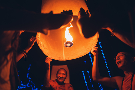 Lighting candles, lanterns in the sky at night in the Lantern Festivalのeditorial素材