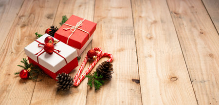 Christmas Gift Box - Pine cones and branches  On the wood-