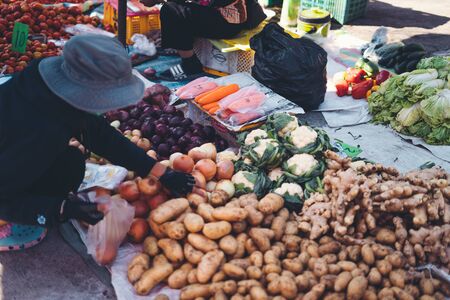 vegetables and potatoes are on sale in the fresh market,Pai fresh market.の写真素材