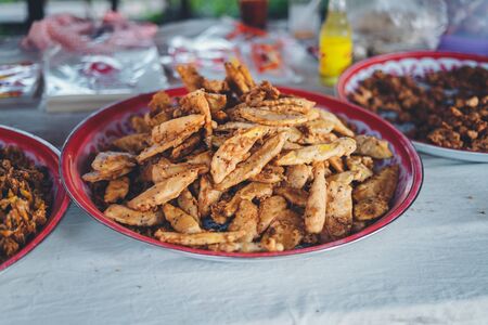 Fried and grilled foods at the street market in Pai-の写真素材
