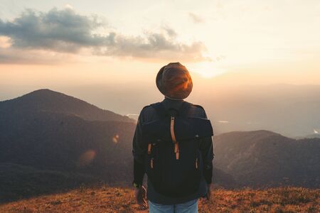 landscape travel mountains forests sky in the evening sunsetの写真素材