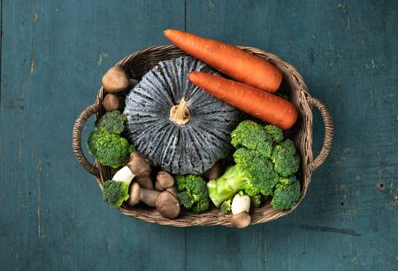 Fresh green healthy vegetables On green wooden plate  ,Dietの写真素材