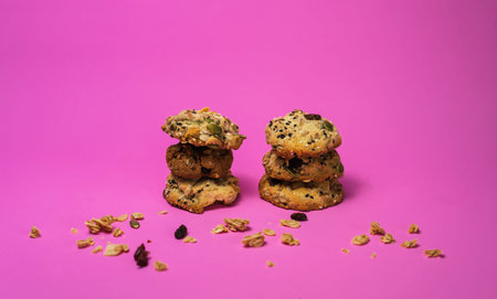 Cereal cookies and milk in a glass on a pink backgroundの写真素材