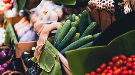 Cucumber in a box for sale at the market Vegetable marketの写真素材
