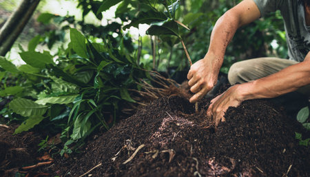 Young coffee trees are planted under the shade of large trees