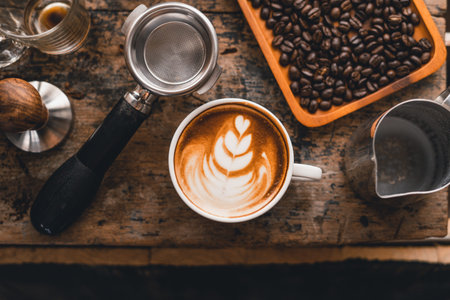 Latte coffee in a cup on the table at home,Coffee milkの写真素材