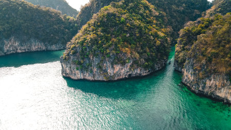 View of the sea and Hong Island from a high angle in the morningの写真素材
