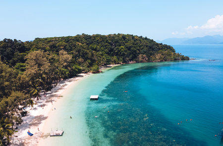 Clear water on the island,Bright blue sea and beach Birdâ€™s Eye View