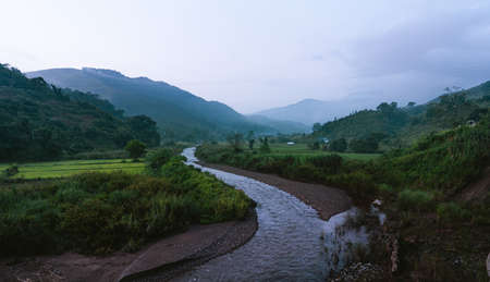 Mountains and fog in the morning on the hill Fog viewの写真素材