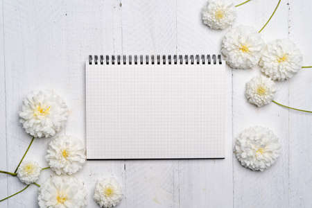 The book and white flowers on the white wooden tableの写真素材