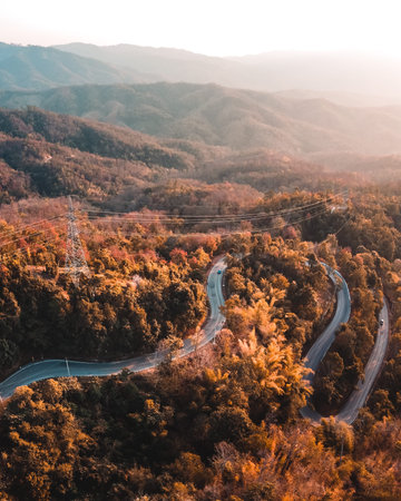 The road from above in the evening orange forest,Path to Pai