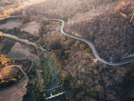 The road and trees in the evening from aboveの写真素材