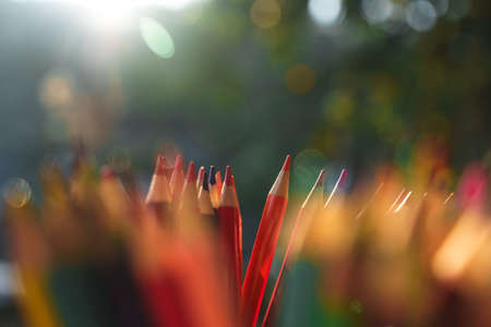 Colored pencils on the desk that are working outside the houseの写真素材