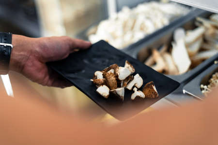 Seafood in a tray at a buffet restaurant,Shrimp and shellfishの写真素材
