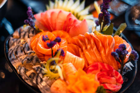 Seafood in a tray at a buffet restaurant,Shrimp and shellfishの写真素材