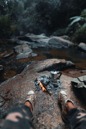 Bonfire,Outdoor at a waterfall in a tropical rainforest,の写真素材