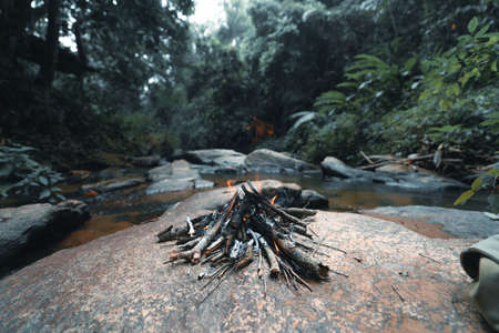 Bonfire,Outdoor at a waterfall in a tropical rainforest,の写真素材