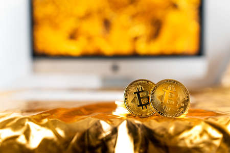 Cryptocurrency golden bitcoin image for crypto currencyの写真素材