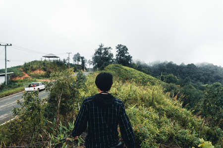 road in the forest rainy season nature trees and fog travelの写真素材