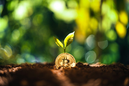 Bitcoin coins on the ground and leaves grow.