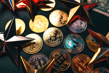Bitcoin on a home computer chart and money and investmentの写真素材