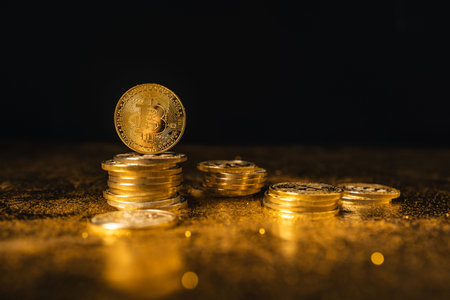 bitcoin coins stacked on black gold backgroundの写真素材