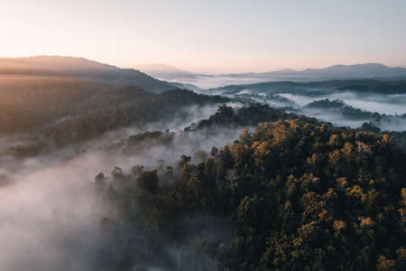 Flying above the clouds sunrise and fog,on the hillの写真素材