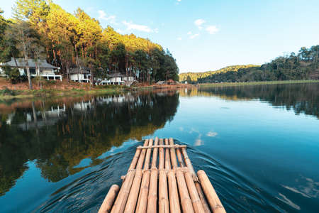 bamboo raft in the water, nature tourism,raft in the riverの写真素材