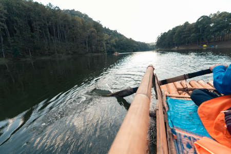 bamboo rafts in the river and nature travel,boatmanの写真素材