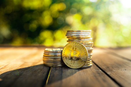 bitcoins placed on a wooden table with natural green background