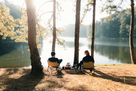 Camping and coffee at Pang Ung in the morning, coffee in the morning under the trees and by the reservoir.の写真素材