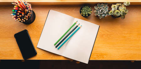 book on the table in the morning,small tree on the tableの写真素材