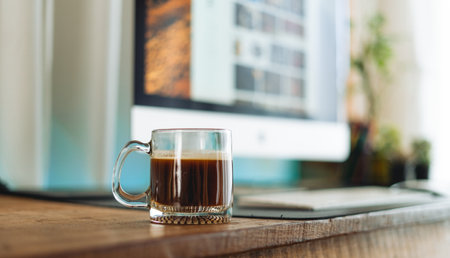 Iced coffee in a cup in the room,iced coffee in a mug at homeの写真素材