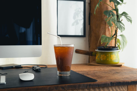 Iced coffee in a cup in the room,iced coffee in a mug at home