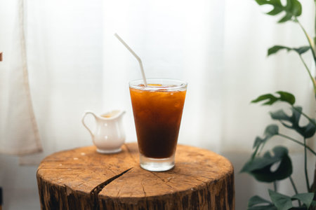 Iced coffee in a cup in the room,iced coffee in a mug at home