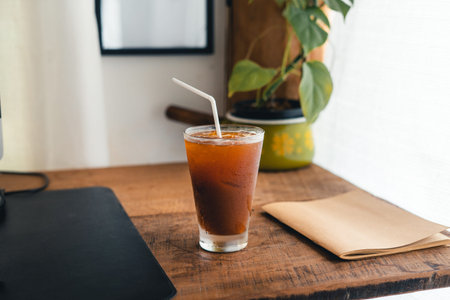 Iced coffee in a cup in the room,iced coffee in a mug at home