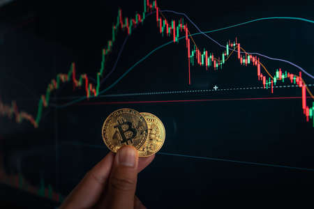 Crypto coins and graphs in the computer screen,trade at homeの写真素材